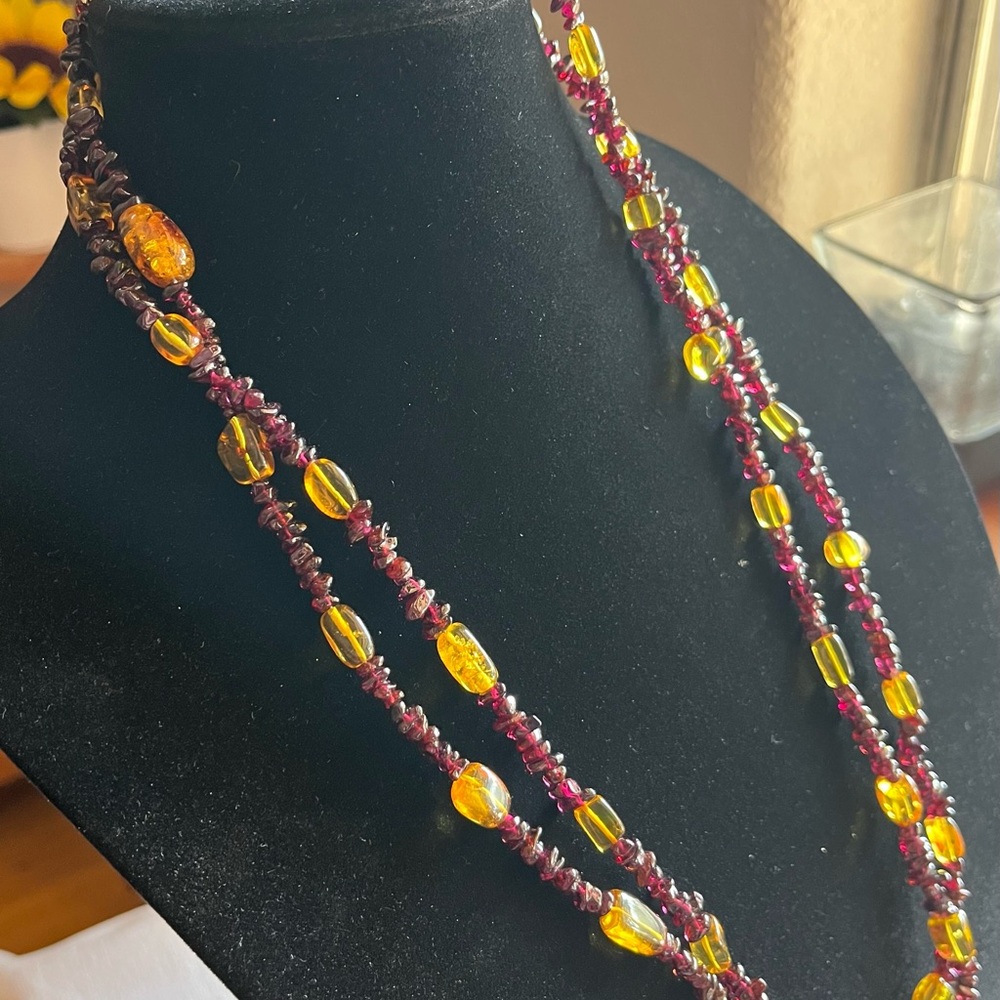 Gorgeous Garnet and Amber Stone Long Necklace in Gift Box